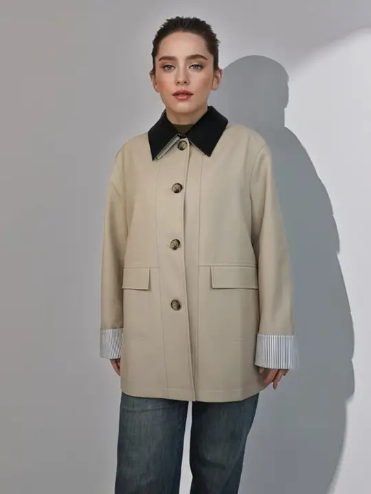 バーン風 カラーブロック合皮トレンチコート レディース【ショート丈・小柄向け・カジュアルデザイン】