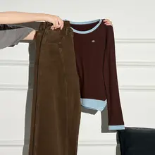 長袖カラーブロックデザインの女性用ワイドパンツ【カフェ色・秋冬用】（セットアップ対応）