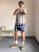 アメリカンヴィンテージ ダイジー柄スポーツショート パンツ【膝下丈・メンズ・通気性・フィットネス用】（セットアップ対応）