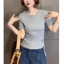 大きいサイズのレース透かしデザイン半袖Tシャツ【夏用・コットン・スリムフィット】