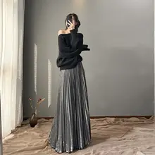 体型カバー効果！メタリック糸使用の百褶ミディスカート【ウエストゴム・超ロング・女性用】