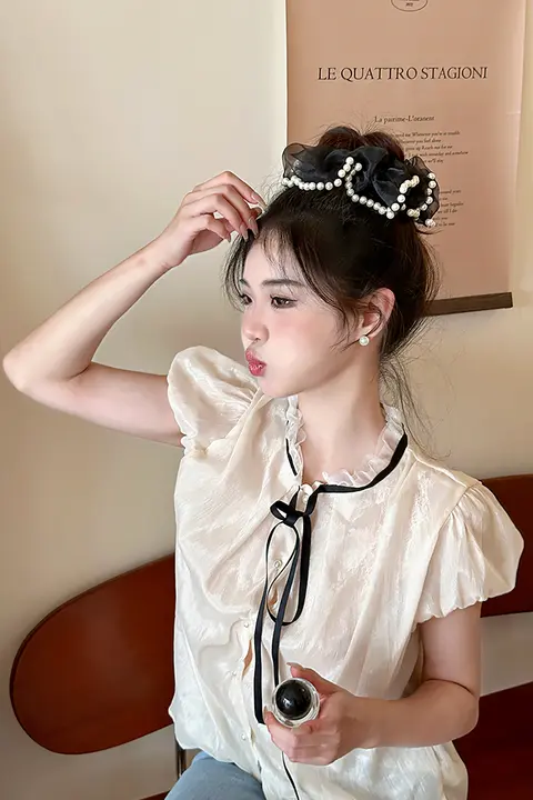 パール付きメッシュヘアゴム【超大丸子用・おしゃれ・伸縮性あり】