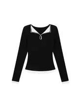 高級感のある重ね着風ニット長袖Tシャツ【女性用・フィットデザイン・秋季】
