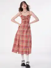 ziziFei 赤いチェック柄のストレートスリーブマキシドレス【セクシーなスリット・ウエストシェイプ・春夏用】