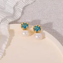 淡水パールのイヤリング【復古風・海洋ブルーのジルコン・エレガントデザイン】