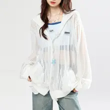 デザイン性あるフード付きニットカーディガン【春夏用・透かし編み・海星モチーフ・日焼け対策】