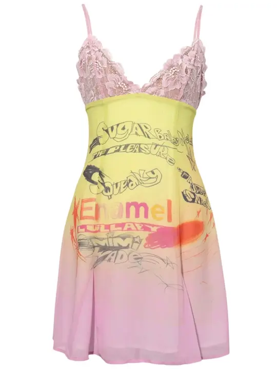 個性的なグラフィックプリントのレースキャミソールドレス【セクシーなVネック・短丈】