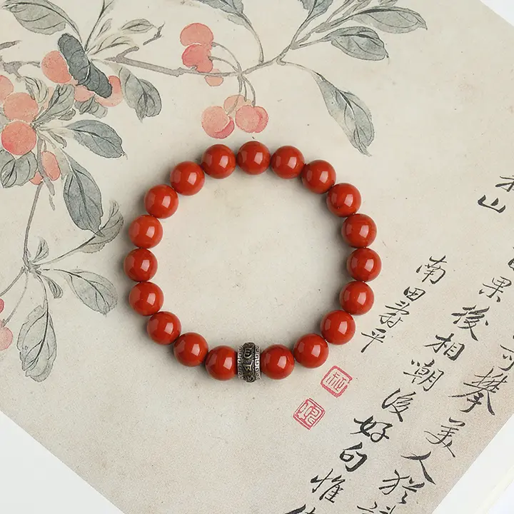 南紅の手串 メンズ用 天然紅色めのうブレスレット【高品質・ボルダー模様】