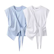 トップス レディース Tシャツ フェイクレイヤード パッチワーク 韓流 ウエストシェイプ 紐結び 着痩せ ショート丈 着回し おしゃれ「XinmonLee」