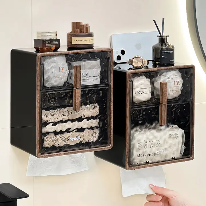 防水壁掛けトイレットペーパーケース【穴あけ不要・防塵デザイン】