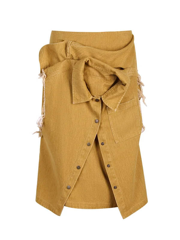 デニム風マチ付きベストシャツと半身スカートの異素材デザイン（セットアップ対応）