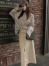 円形フリースのゆったりとした韓国風長袖Tシャツ【春秋用・ストライプデザイン・重ね着対応】