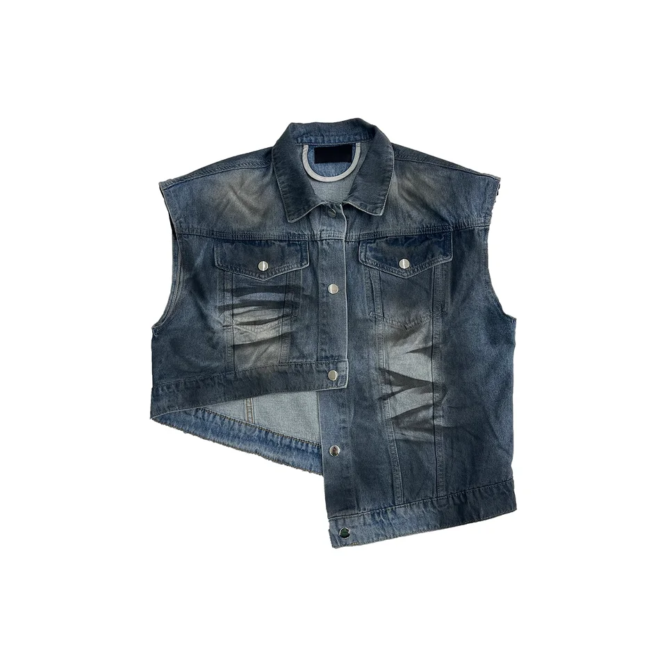 グラデーションウォッシュデザインのヴィンテージ風デニムベストジャケット【ノースリーブ・テクスチャー】