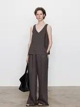 レトロスタイルのリネンノースリーブトップスとパンツ【ウエストリーブ・夏用・アシンメトリーデザイン】（セットアップ対応）