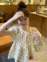 半袖シャツ ラウンドネック リボン付き プリント【夏用・ゆったり・デザイン性・痩せ見え】