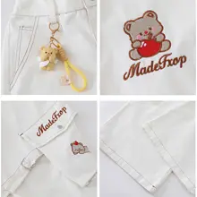 刺繍入り大口ポケット付きイエローベアデザインのワイドレッグカジュアルパンツ【ゆったりストレート・女性用】