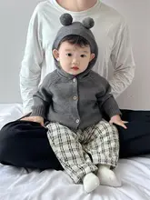 春用ベビーウェア【男の子・かわいい・ニットフード付きカーディガン・チェックパンツ・トレンディ】（セットアップ対応）