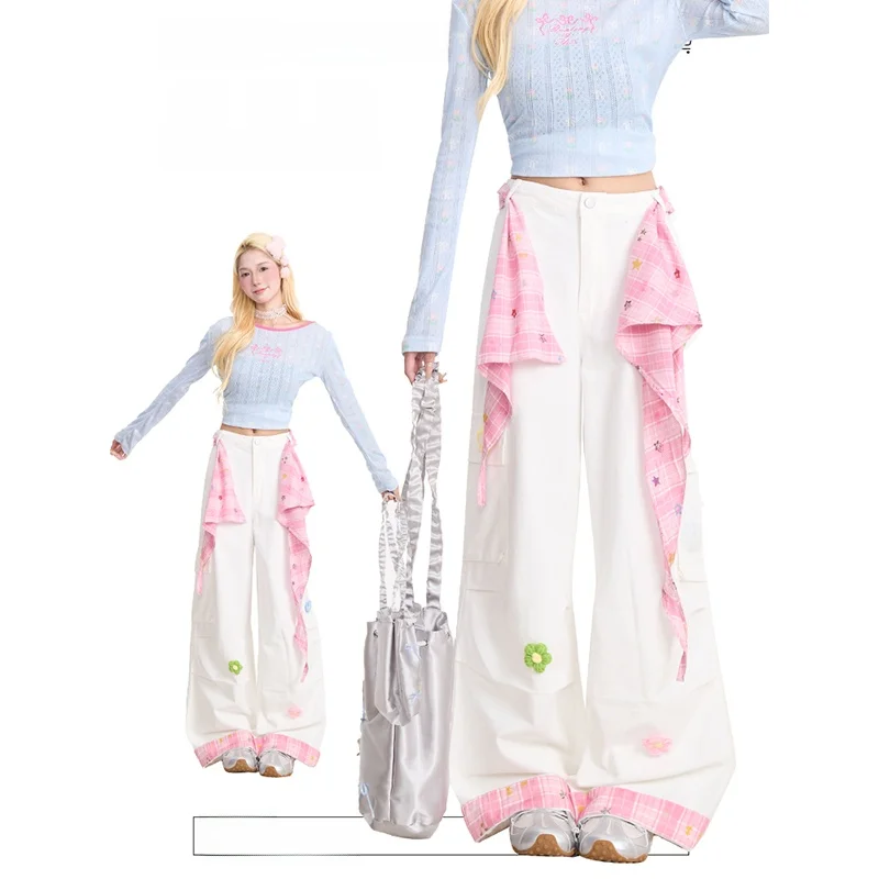 立体花柄チェック柄ウエストベルト付きワイドストレートパンツ：流行のデザイン カラーコーディネート アイテムの代表例