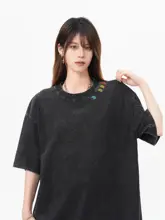 Tシャツ トップス ユニセックス 半袖 タイダイ カラフル刺繍 オーバーサイズ 厚手 ウォッシュ加工 アメリカン風 きれいめ 夏