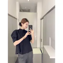 フレンチスタイル立ち襟パフスリーブブラウス【極上の柔らかさ・短袖・シルエット効果】