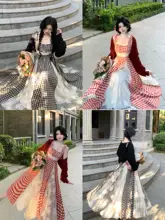 甘美なフランス風ビンテージチェック柄レース刺繍ウエストリボン付きフレアワンピース