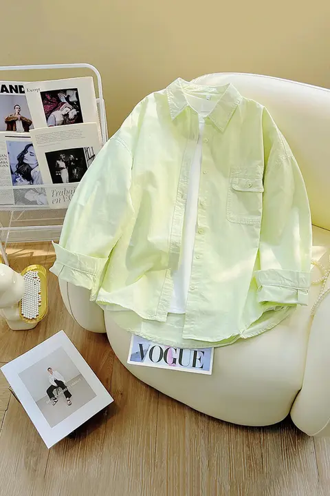 果物のようなグリーンポロ襟レディース長袖シャツ【コットン・小清新スタイル・秋冬向け】