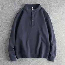 アメリカンスタイルのリバイバルデザイン 厚手ワッフルニット ヘンリーネック長袖Tシャツ