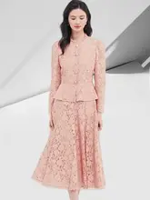 気品あふれるレースシフォンブラウスとスカート【秋用・透け感あり】（セットアップ対応）