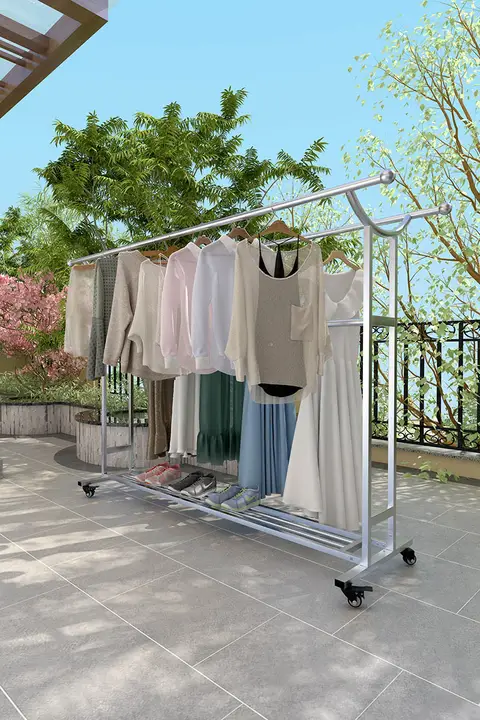 304ステンレス製 折りたたみ式 室外用干し衣装ラック【風防設計・二重バー・バルコニー用】