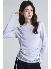 デザイン性のあるレース襟長袖Tシャツ【秋用・フレンチスタイル・飾りリボン付き】