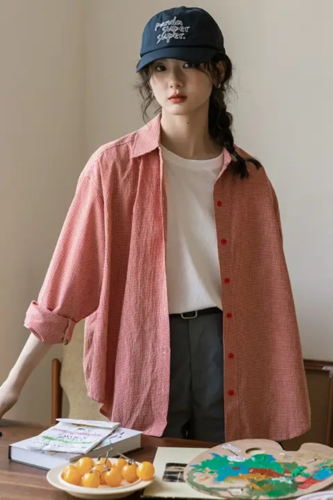 春季の新作！チェック柄ポロカラーシャツ【レディース・ルーズフィット・長袖・カジュアル】