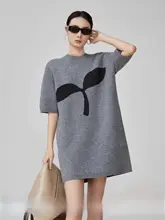 グレー印花ラウンドネックニットショートスリーブワンピース【軽量・感・春用】