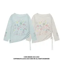 ヴィンテージ風 カートゥーンデザインの長袖チュニック Tシャツ【春夏用・日焼け防止・軽やかさ・ドローストリング付き】（セットアップ対応）