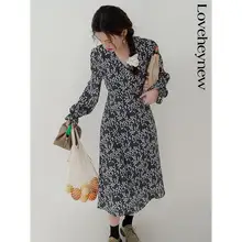 花柄Vネックワンピース【女性用・上品でスリム・ミディ丈・ドレス】