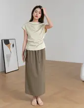 CLEANFLOW カーキ色 精紡羊毛通勤用スカート【小柄向け・春用・シンプルデザイン】