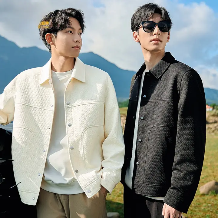 十字模様のジャカード生地 メンズ春用ジャケット【シャツカラー】【高級感あるデザイン】