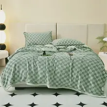 ヴィンテージチェック柄のウサギ毛フリースブランケット【厚手・冬用・オフィス昼寝・ソファカバー・コーラルフリース】