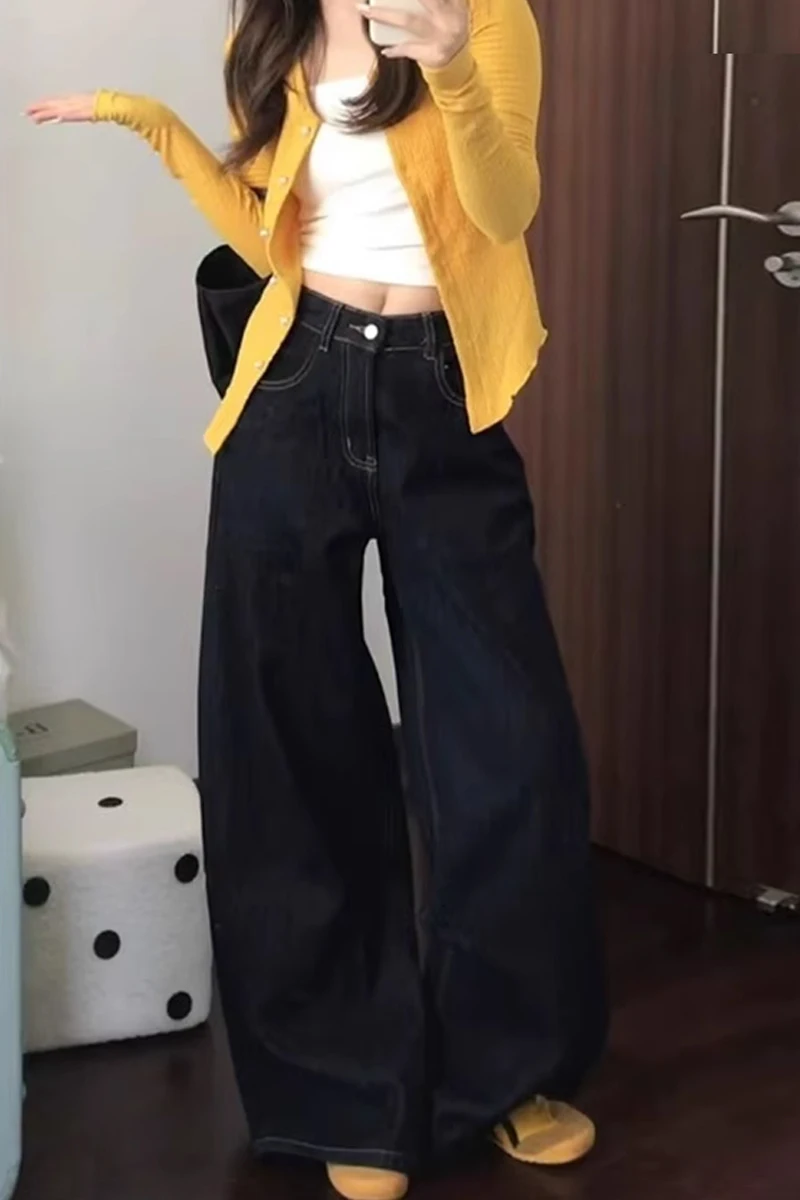 ハイウエスト深い青のデニムパンツ【ワイドレッグ・カジュアル・梨型体型向け】