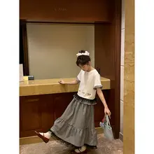 Tシャツ チュールスカート レディース 2点セット パッチワーク 白黒チェック柄 刺繍 きれいめ 若見え 「Jiang jam」