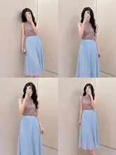 洗練されたデザインのブルー百褶スカート【大きいサイズ・Aライン・中長丈・シフォン素材】（セットアップ対応）
