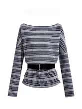 デザイン性に優れたストライプのオフショルダートップス【ウエストベルト付き・長袖・秋用】