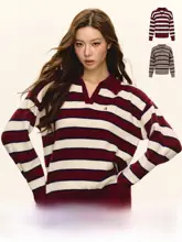 ストライプデザインのプルオーバーセーター【春季用・ゆったりシルエット・レディース】（セットアップ対応）