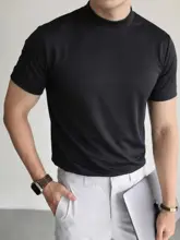 極上の柔らかさのアイスシルク生地短袖ハイネックTシャツ【メンズ・抗シワ・高弾力】
