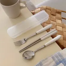 シンプルで便利な携帯用箸とスプーンの三点セット【ステンレス・陶器ハンドル・学生・旅行用】（セットアップ対応）