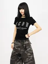 ヴィンテージスタイルの刺繍ロゴ半袖Tシャツ【ブラック・レディース・夏用・タイトフィット】