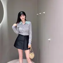 灰色  ブロックカラーの翻領ニットセーター