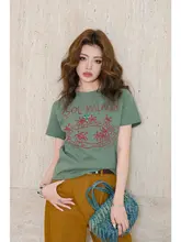 リゾート風デザインのショートTシャツ【ココヤシプリント・上質なカジュアル・ラウンドネック・短袖】