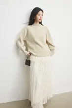 Annata 半高ネックレース裾ニットトップス【春秋用・杏色・女性用】