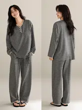 長袖ストライプ柄パジャマ【春秋用・コットン・外出可能・女性用】（セットアップ対応）