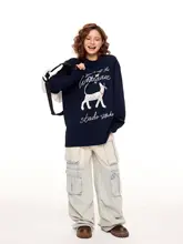 アメリカンレトロ 小犬プリントのネイビーカラー長袖Tシャツ【秋用・ゆったりシルエット・カジュアル】